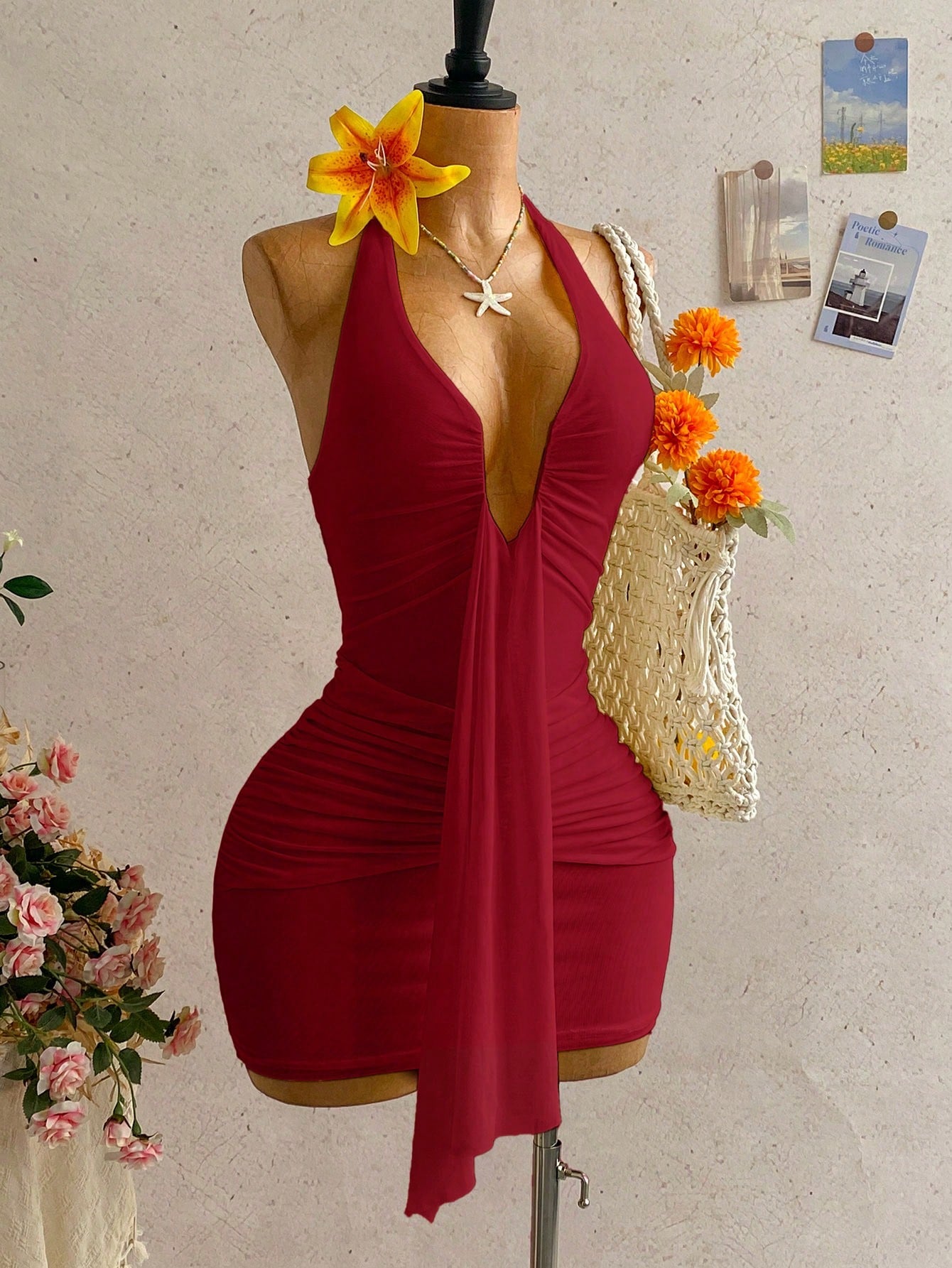 Women's Pale Yellow Halter Mini Dress,Deep V-Neck Ruched Bow Tie Summer Casual Sundress,Perfect For Holiday,Vacation,Beach,Party & Music Festival