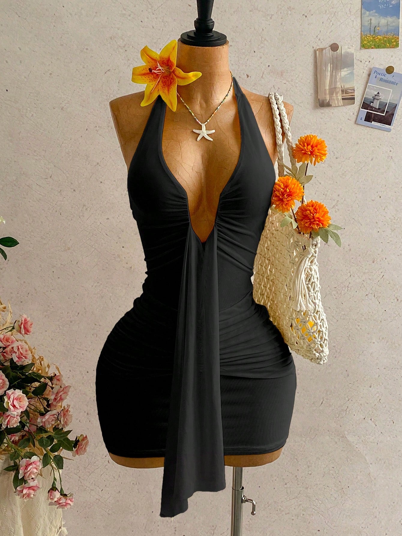 Women's Pale Yellow Halter Mini Dress,Deep V-Neck Ruched Bow Tie Summer Casual Sundress,Perfect For Holiday,Vacation,Beach,Party & Music Festival
