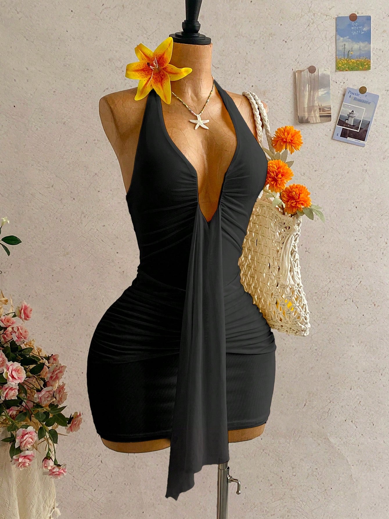 Women's Pale Yellow Halter Mini Dress,Deep V-Neck Ruched Bow Tie Summer Casual Sundress,Perfect For Holiday,Vacation,Beach,Party & Music Festival