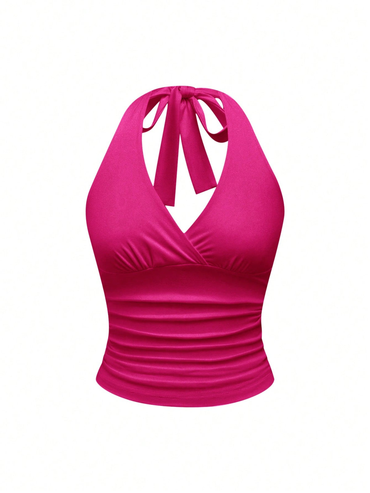 Women's halter crop tank top featuring a backless silhouette and ruched detailing in a slim fit design.