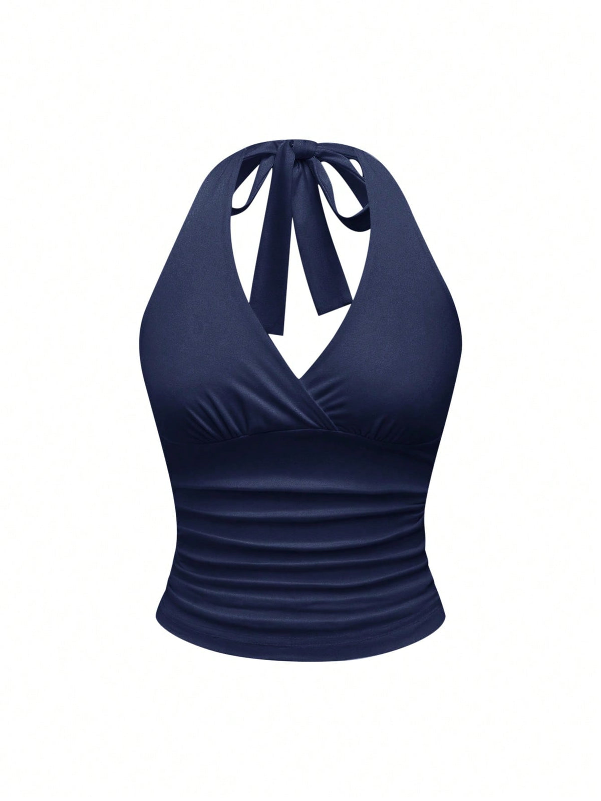 Women's halter crop tank top featuring a backless silhouette and ruched detailing in a slim fit design.