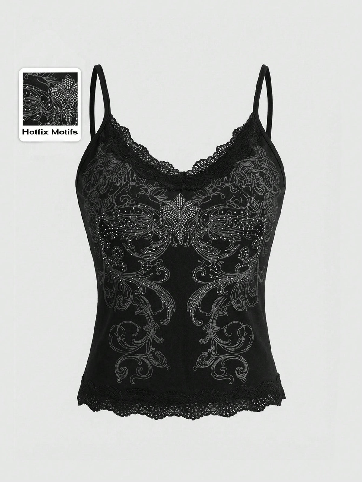 Pink floral print crop camisole top for women featuring contrast lace trim, spaghetti straps, and a slim fit.