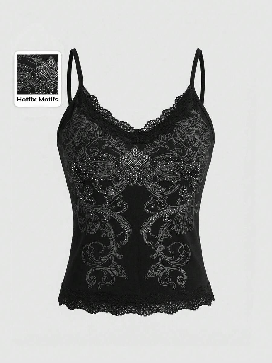 Pink floral print crop camisole top for women featuring contrast lace trim, spaghetti straps, and a slim fit.