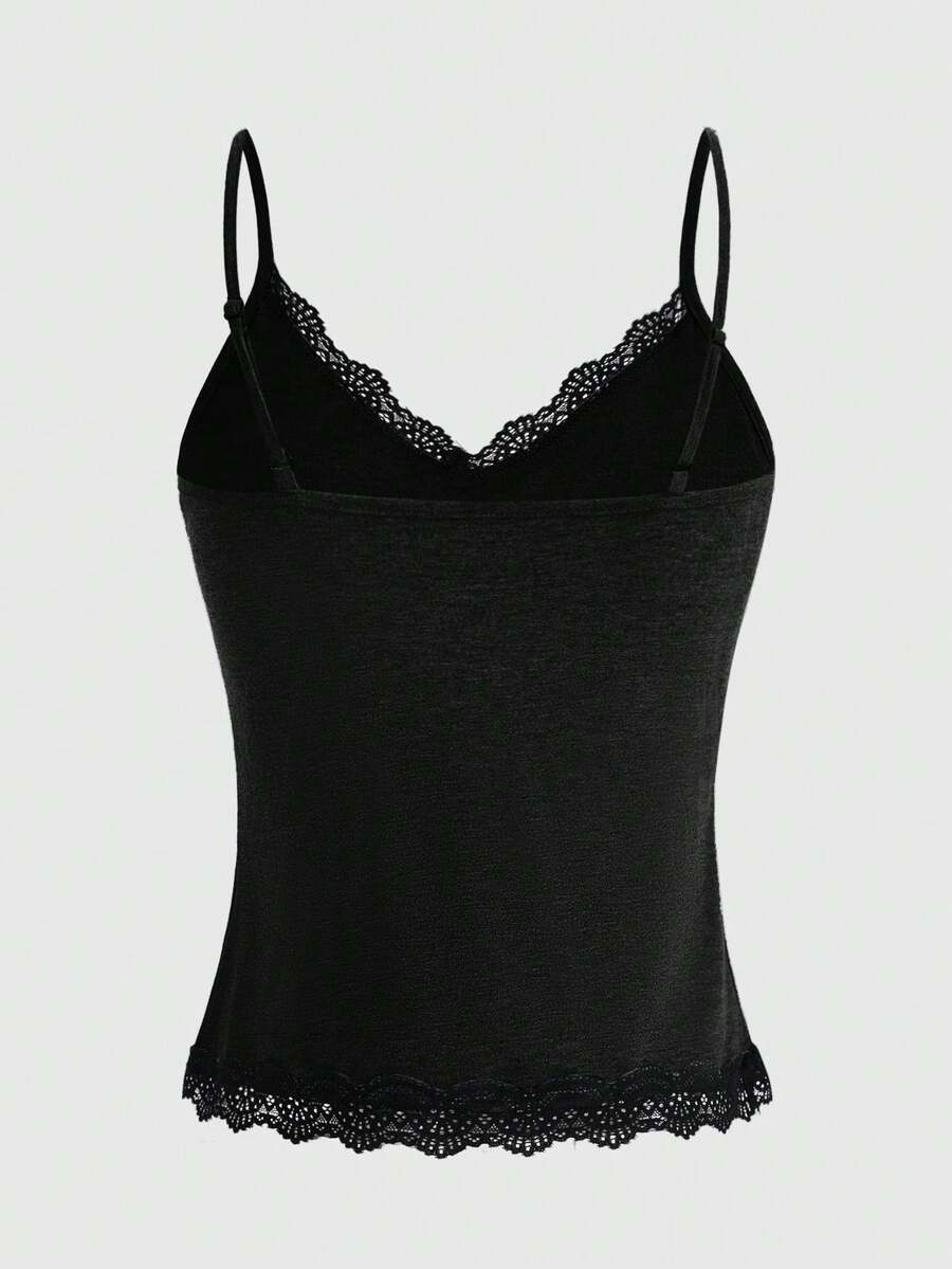 Pink floral print crop camisole top for women featuring contrast lace trim, spaghetti straps, and a slim fit.