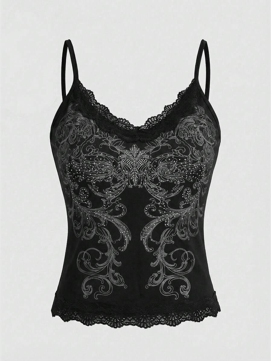 Pink floral print crop camisole top for women featuring contrast lace trim, spaghetti straps, and a slim fit.
