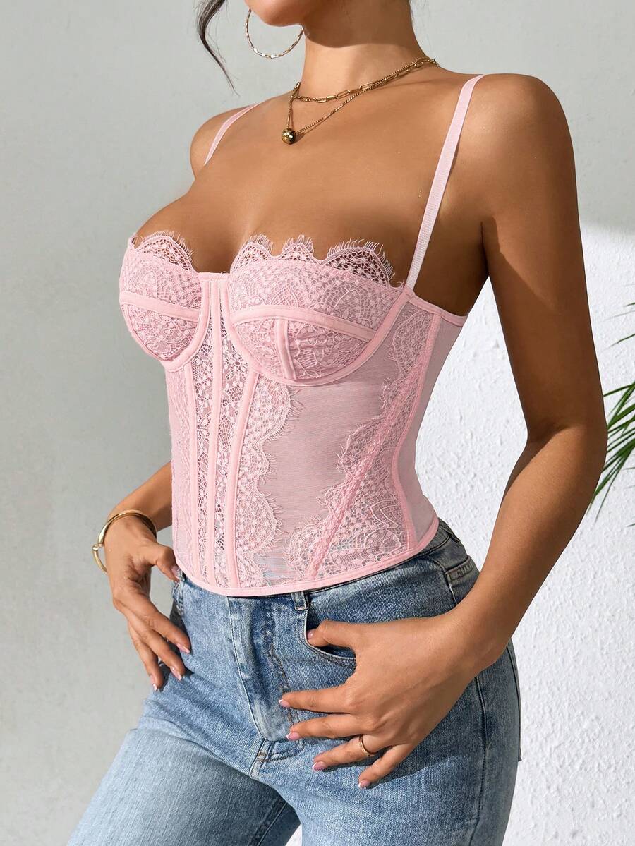 Women's brown lace trim cami corset crop top featuring a low cut neck, unlined body, and slim fit bodycon silhouette.