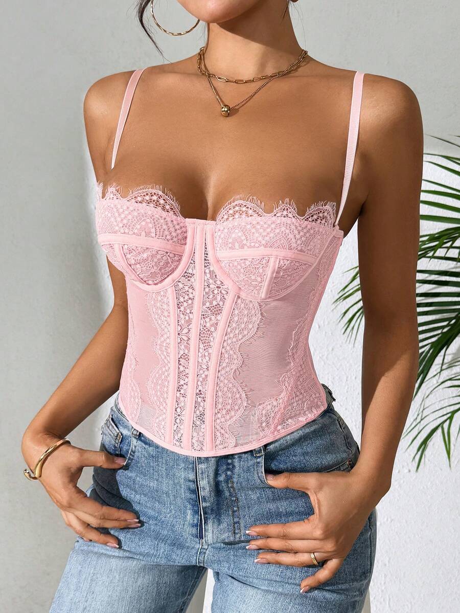 Women's brown lace trim cami corset crop top featuring a low cut neck, unlined body, and slim fit bodycon silhouette.
