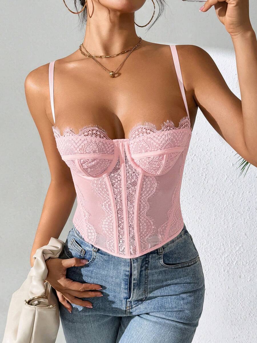 Women's brown lace trim cami corset crop top featuring a low cut neck, unlined body, and slim fit bodycon silhouette.