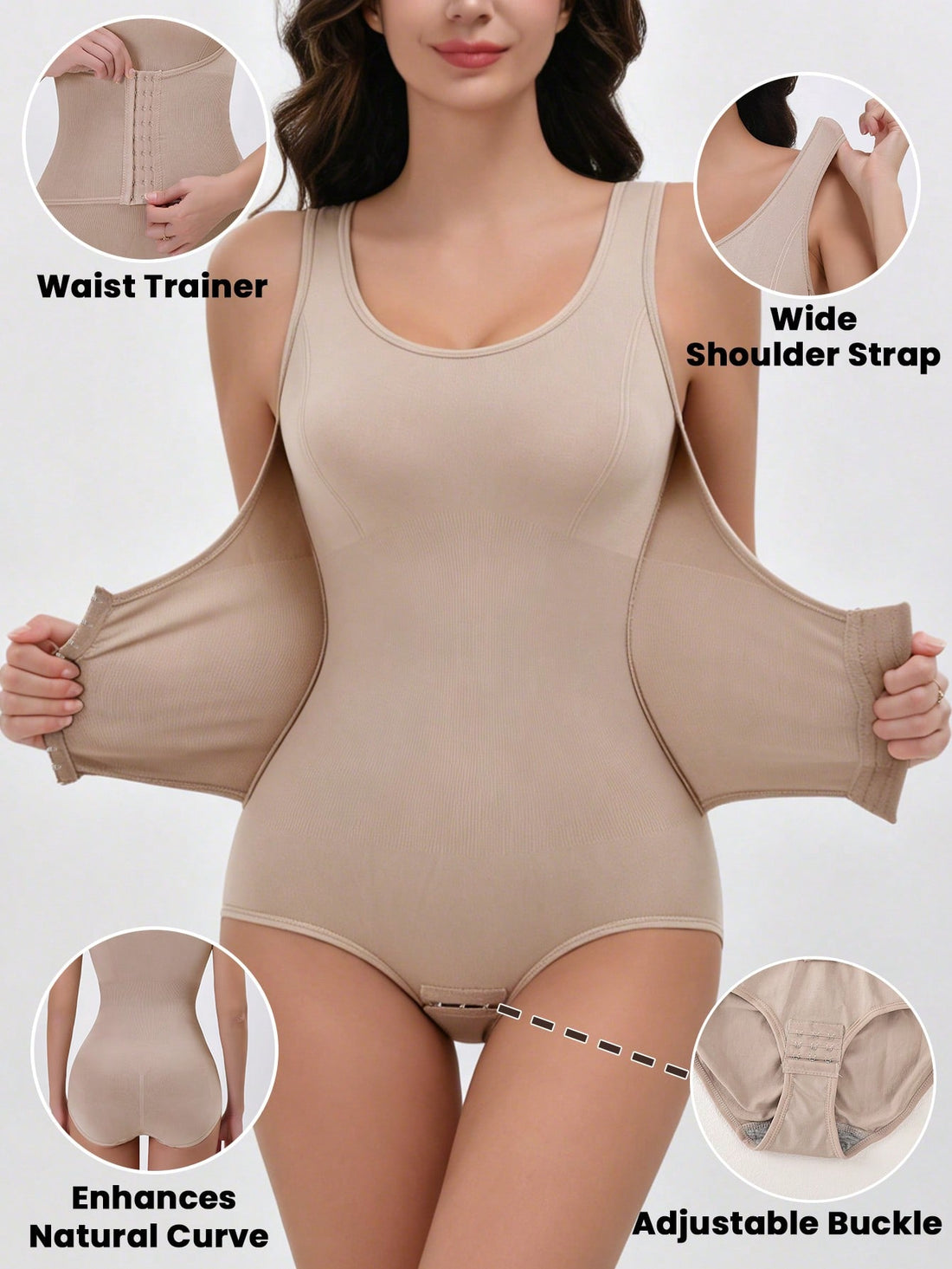 Apricot women's shapewear bodysuit featuring wide shoulder straps, tummy control, waist tightening, and adjustable three-row buckle