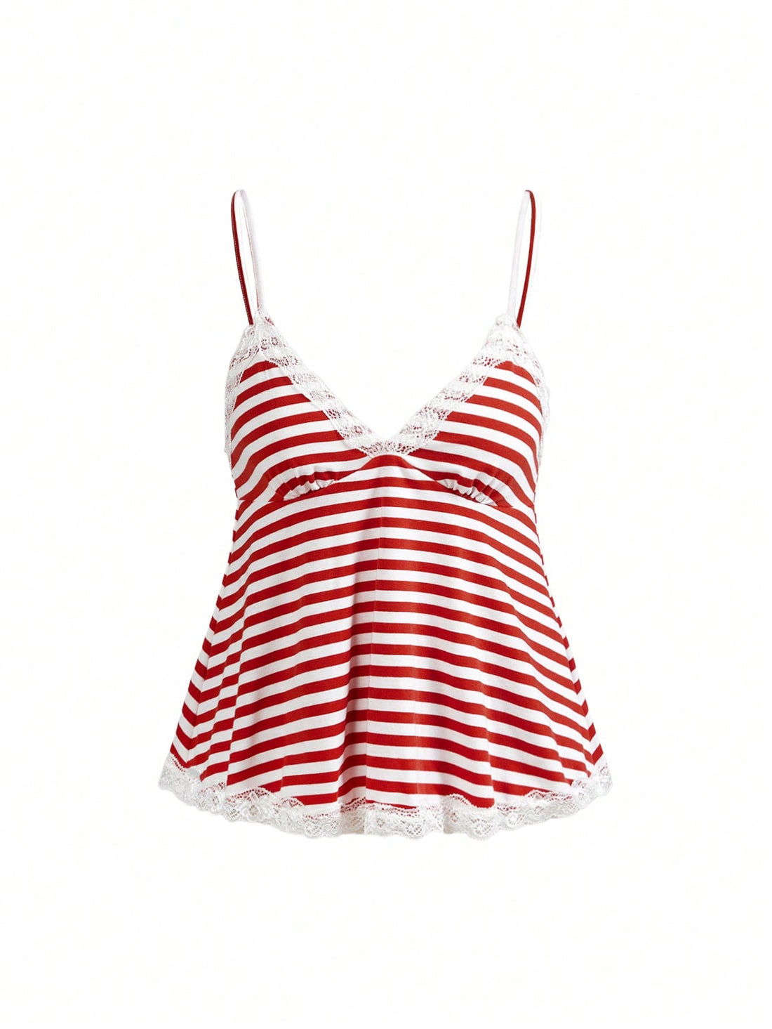 Red and white striped camisole top featuring contrast white scallop lace trim along the neckline and slim fit spaghetti straps.