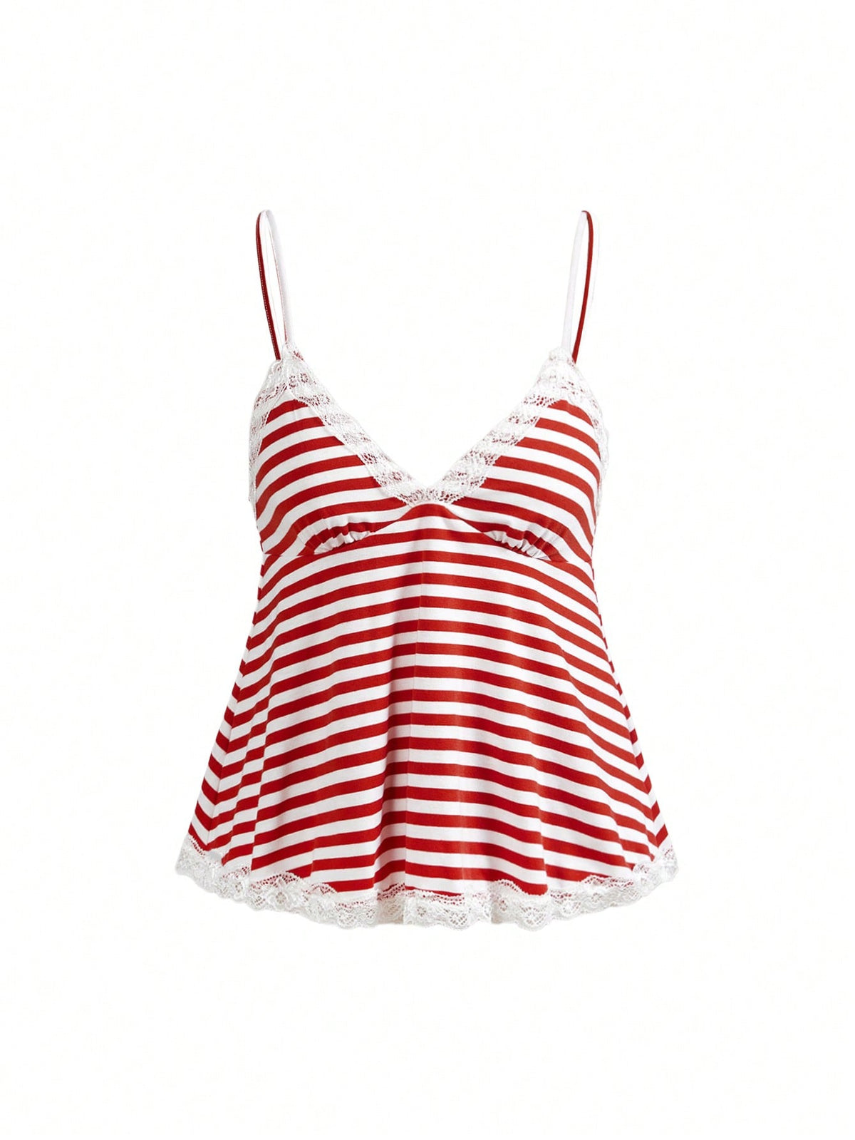 Red and white striped camisole top featuring contrast white scallop lace trim along the neckline and slim fit spaghetti straps.
