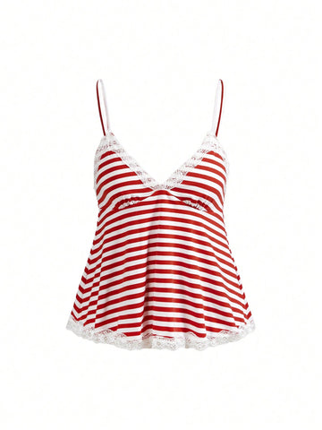 Red and white striped camisole top featuring contrast white scallop lace trim along the neckline and slim fit spaghetti straps.