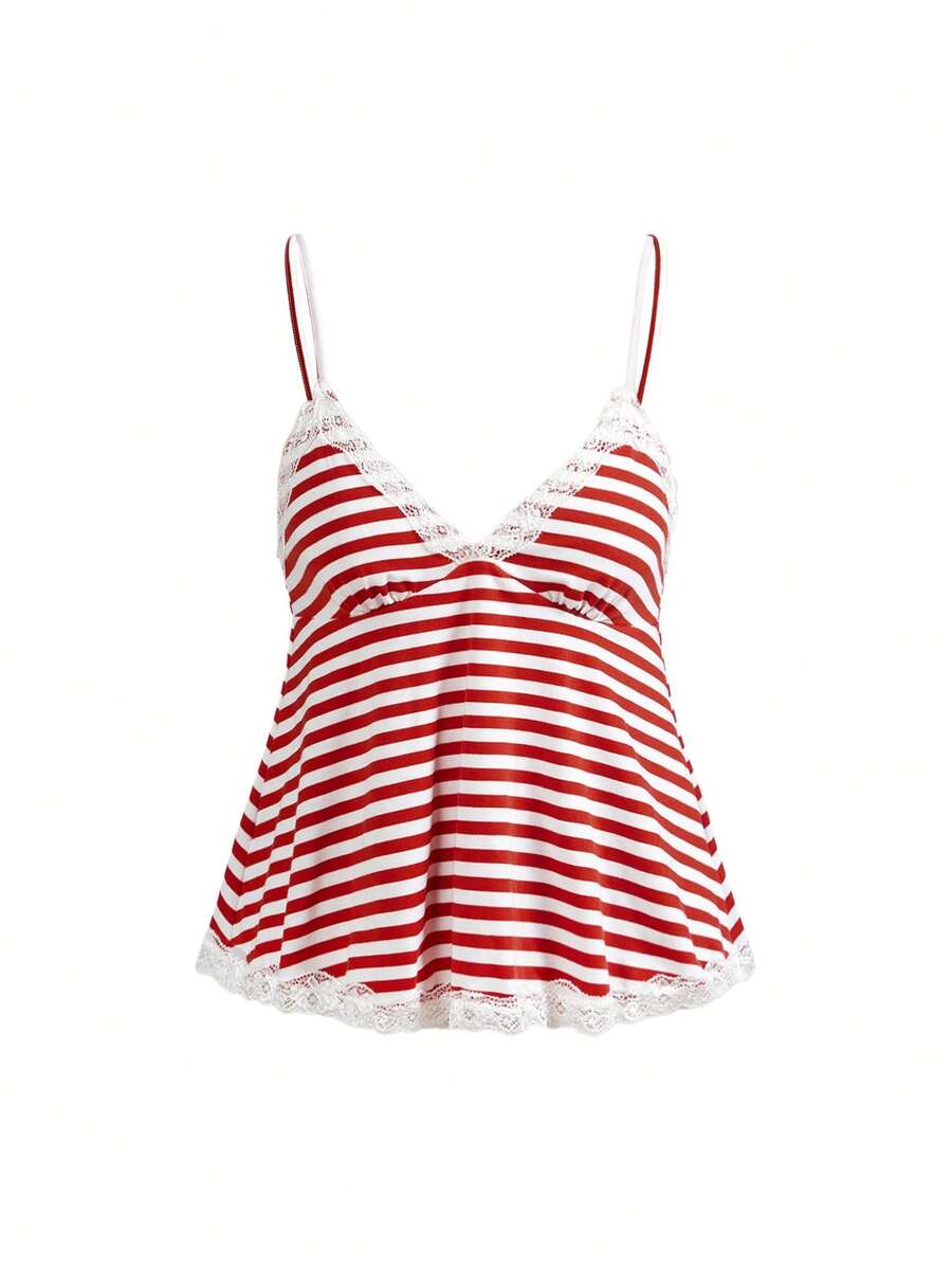 Red and white striped camisole top featuring contrast white scallop lace trim along the neckline and slim fit spaghetti straps.