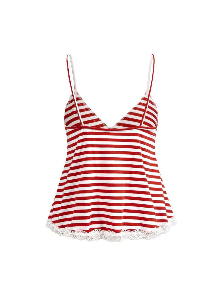Red and white striped camisole top featuring contrast white scallop lace trim along the neckline and slim fit spaghetti straps.