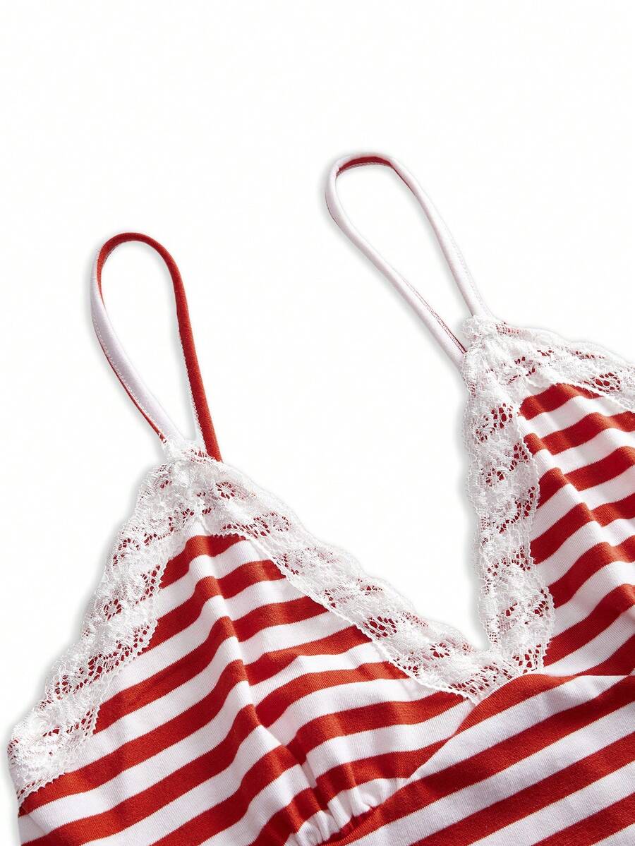 Red and white striped camisole top featuring contrast white scallop lace trim along the neckline and slim fit spaghetti straps.