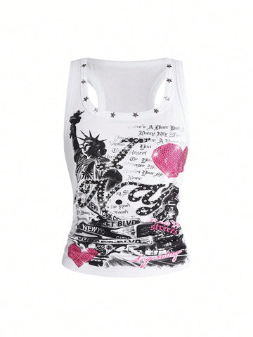 Women's white scoop neck tank top with a rhinestone slogan print in a slim fit stretch style.