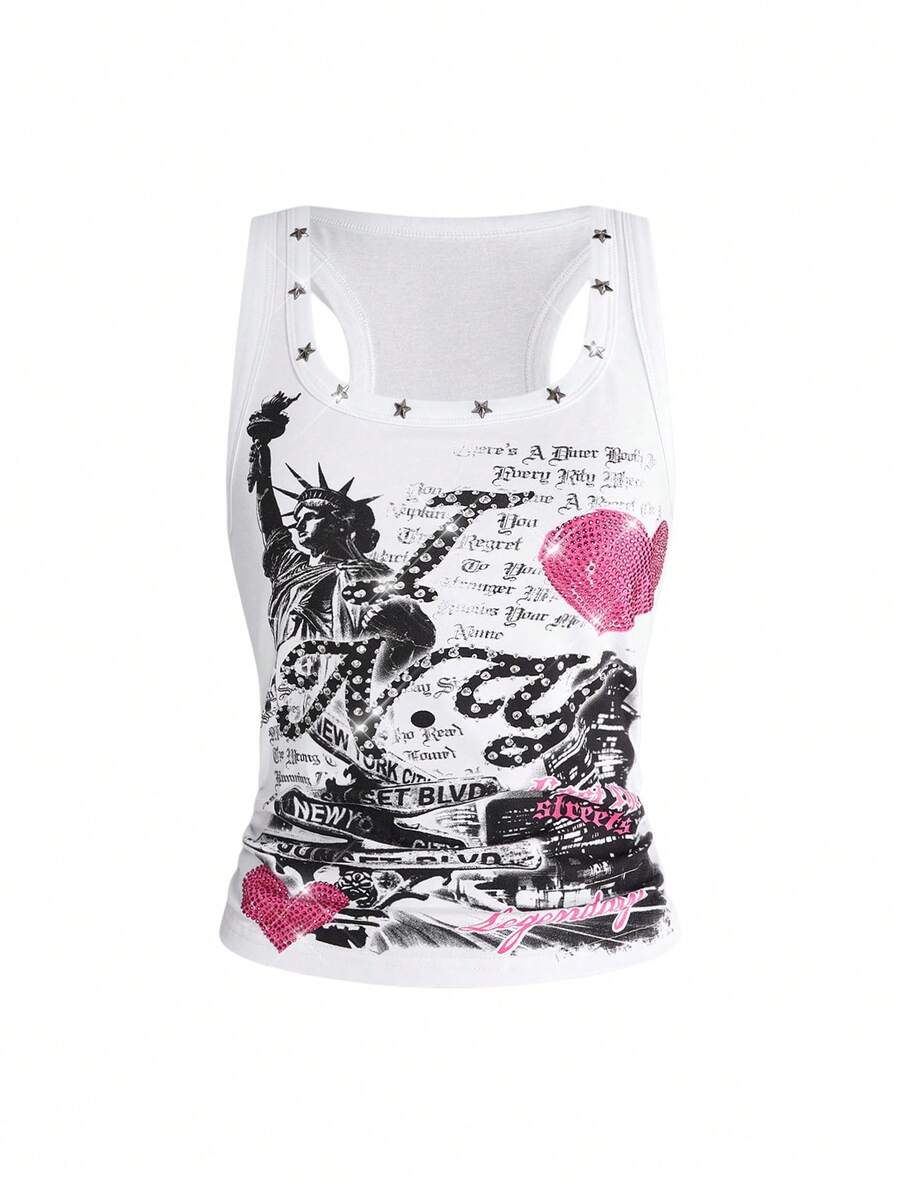 Women's white scoop neck tank top with a rhinestone slogan print in a slim fit stretch style.