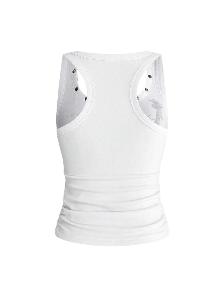 Women's white scoop neck tank top with a rhinestone slogan print in a slim fit stretch style.