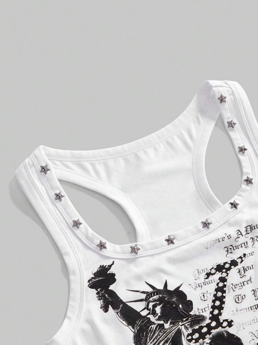 Women's white scoop neck tank top with a rhinestone slogan print in a slim fit stretch style.