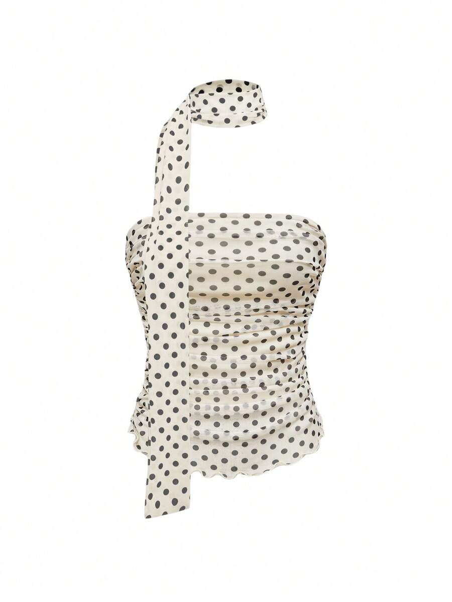Women's black polka dot strapless tube top made of ruched mesh fabric featuring an asymmetrical hem and matching scarf.