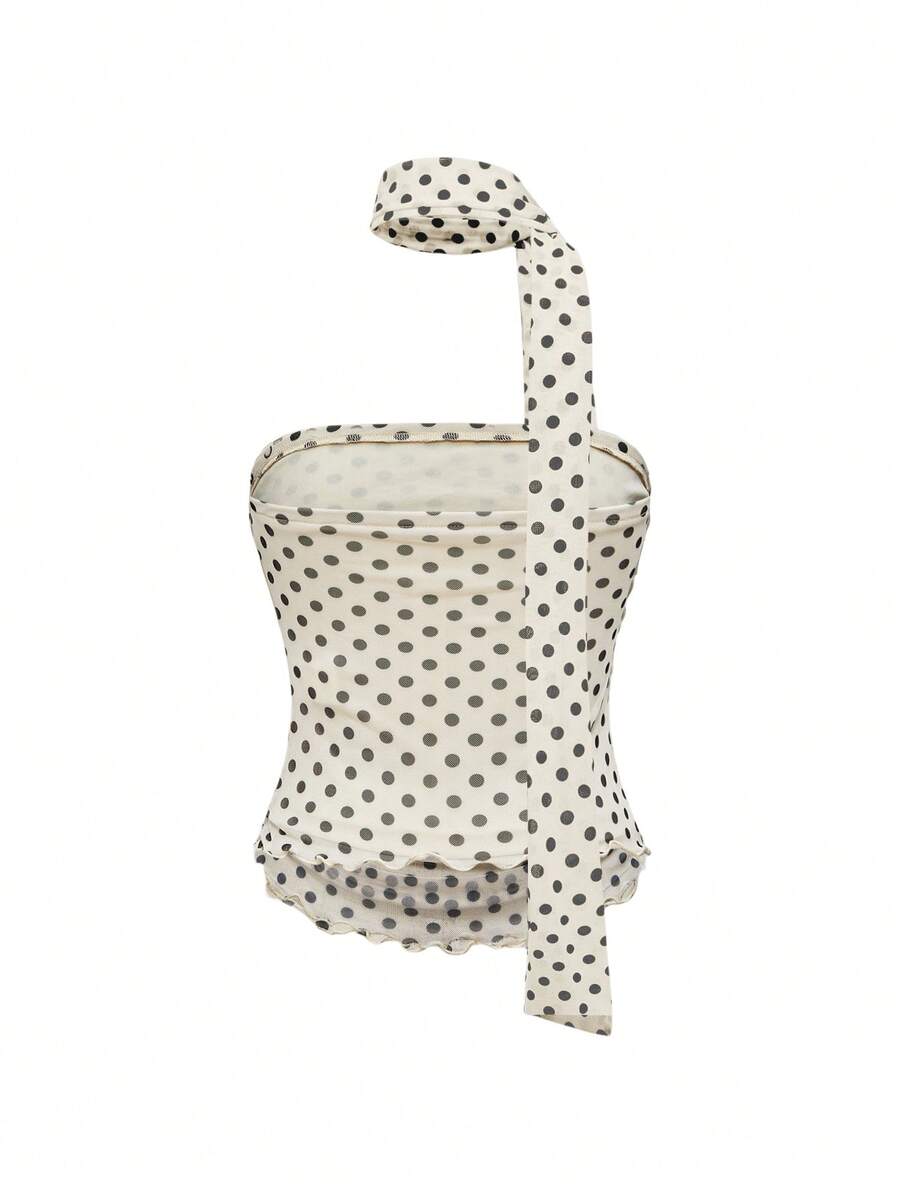 Women's black polka dot strapless tube top made of ruched mesh fabric featuring an asymmetrical hem and matching scarf.