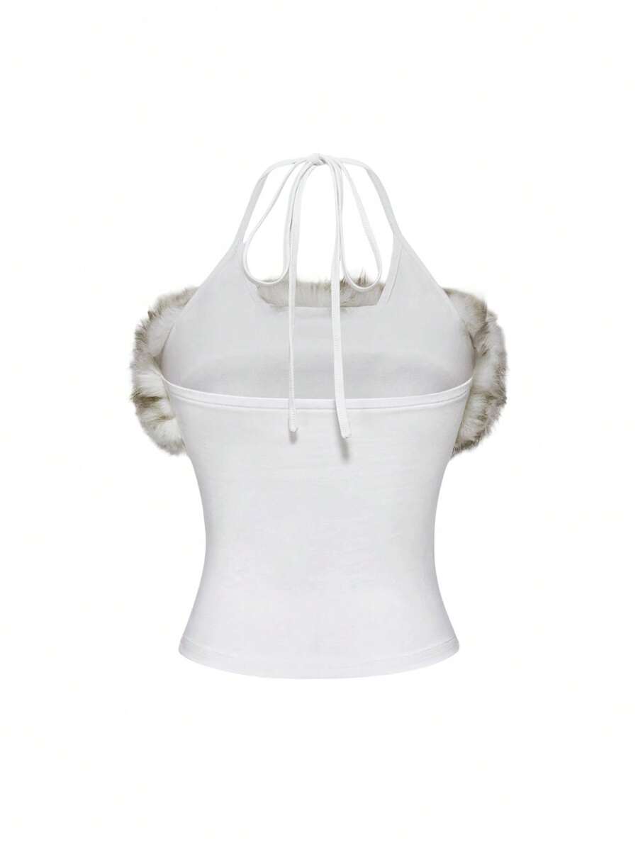 Black graphic print halter cami top featuring contrast faux fur trim, spaghetti straps, backless design, and micro crop fit.