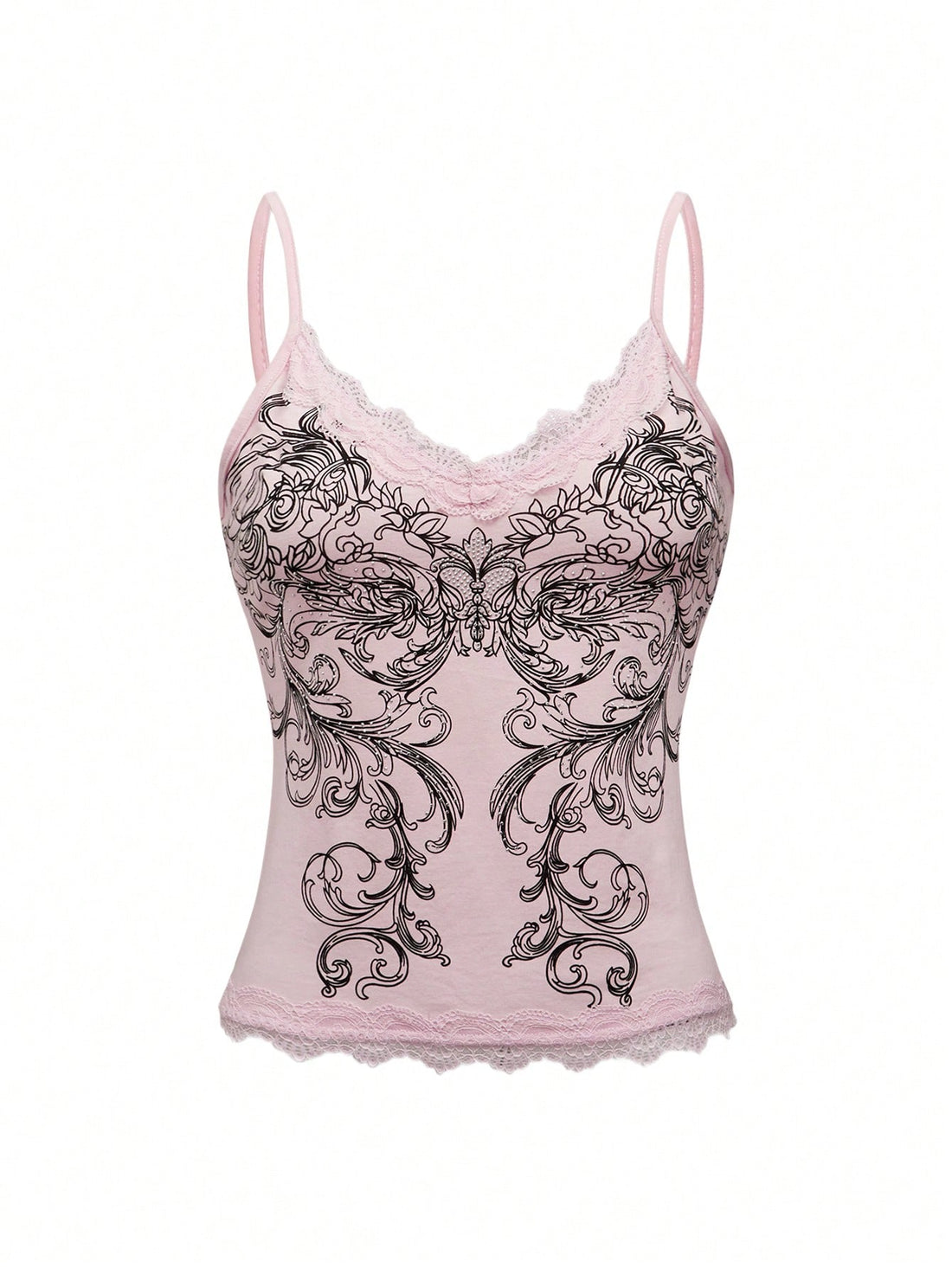Pink floral print crop camisole top for women featuring contrast lace trim, spaghetti straps, and a slim fit.