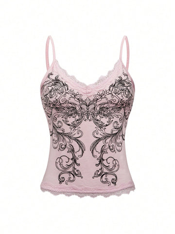 Pink floral print crop camisole top for women featuring contrast lace trim, spaghetti straps, and a slim fit.