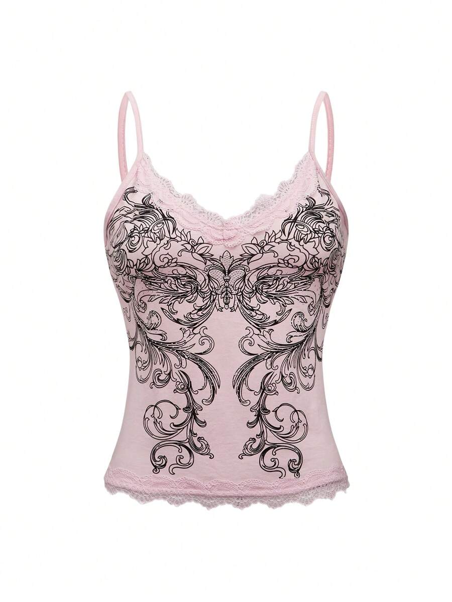 Pink floral print crop camisole top for women featuring contrast lace trim, spaghetti straps, and a slim fit.
