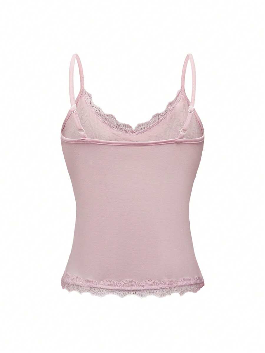 Pink floral print crop camisole top for women featuring contrast lace trim, spaghetti straps, and a slim fit.