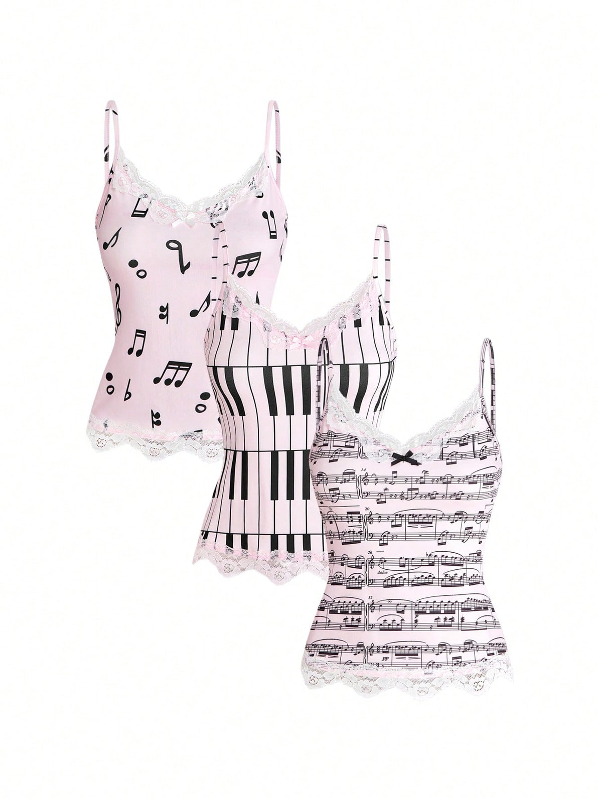Three-piece women's camisole set featuring a retro music note and piano keyboard print, delicate contrast lace trim, front bow accent, and slim fit spaghetti straps.