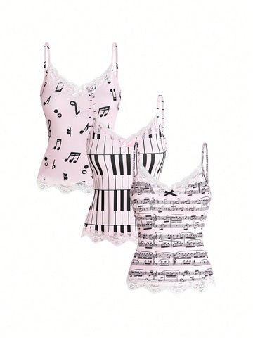 Three-piece women's camisole set featuring a retro music note and piano keyboard print, delicate contrast lace trim, front bow accent, and slim fit spaghetti straps.