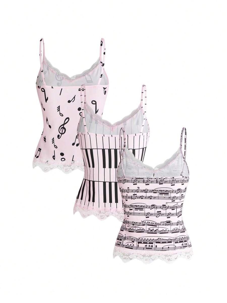 Three-piece women's camisole set featuring a retro music note and piano keyboard print, delicate contrast lace trim, front bow accent, and slim fit spaghetti straps.