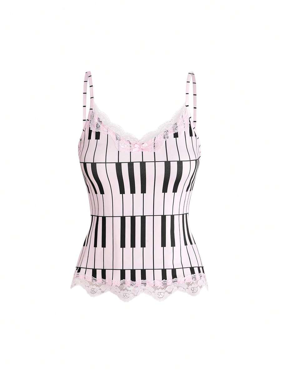 Three-piece women's camisole set featuring a retro music note and piano keyboard print, delicate contrast lace trim, front bow accent, and slim fit spaghetti straps.