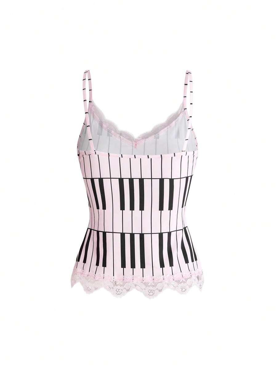 Three-piece women's camisole set featuring a retro music note and piano keyboard print, delicate contrast lace trim, front bow accent, and slim fit spaghetti straps.