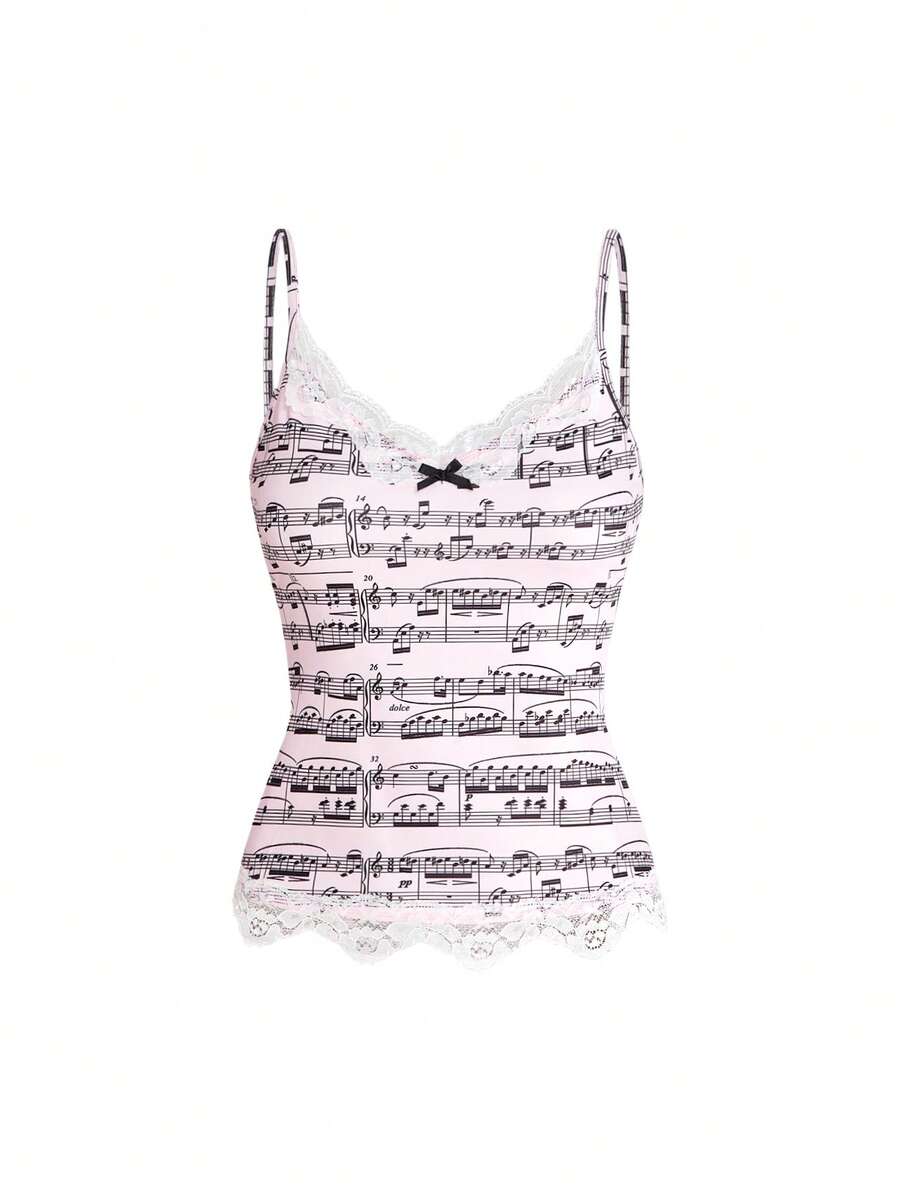 Three-piece women's camisole set featuring a retro music note and piano keyboard print, delicate contrast lace trim, front bow accent, and slim fit spaghetti straps.