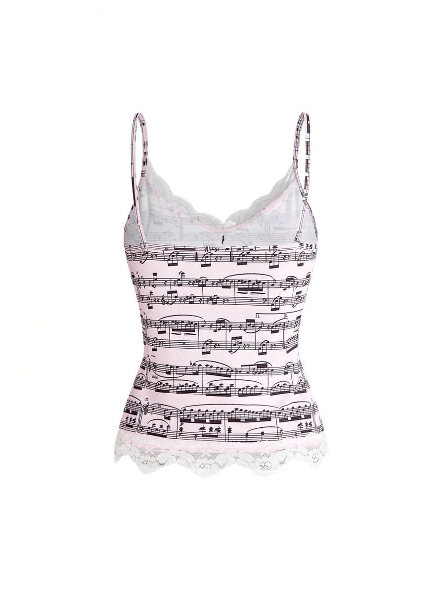 Three-piece women's camisole set featuring a retro music note and piano keyboard print, delicate contrast lace trim, front bow accent, and slim fit spaghetti straps.