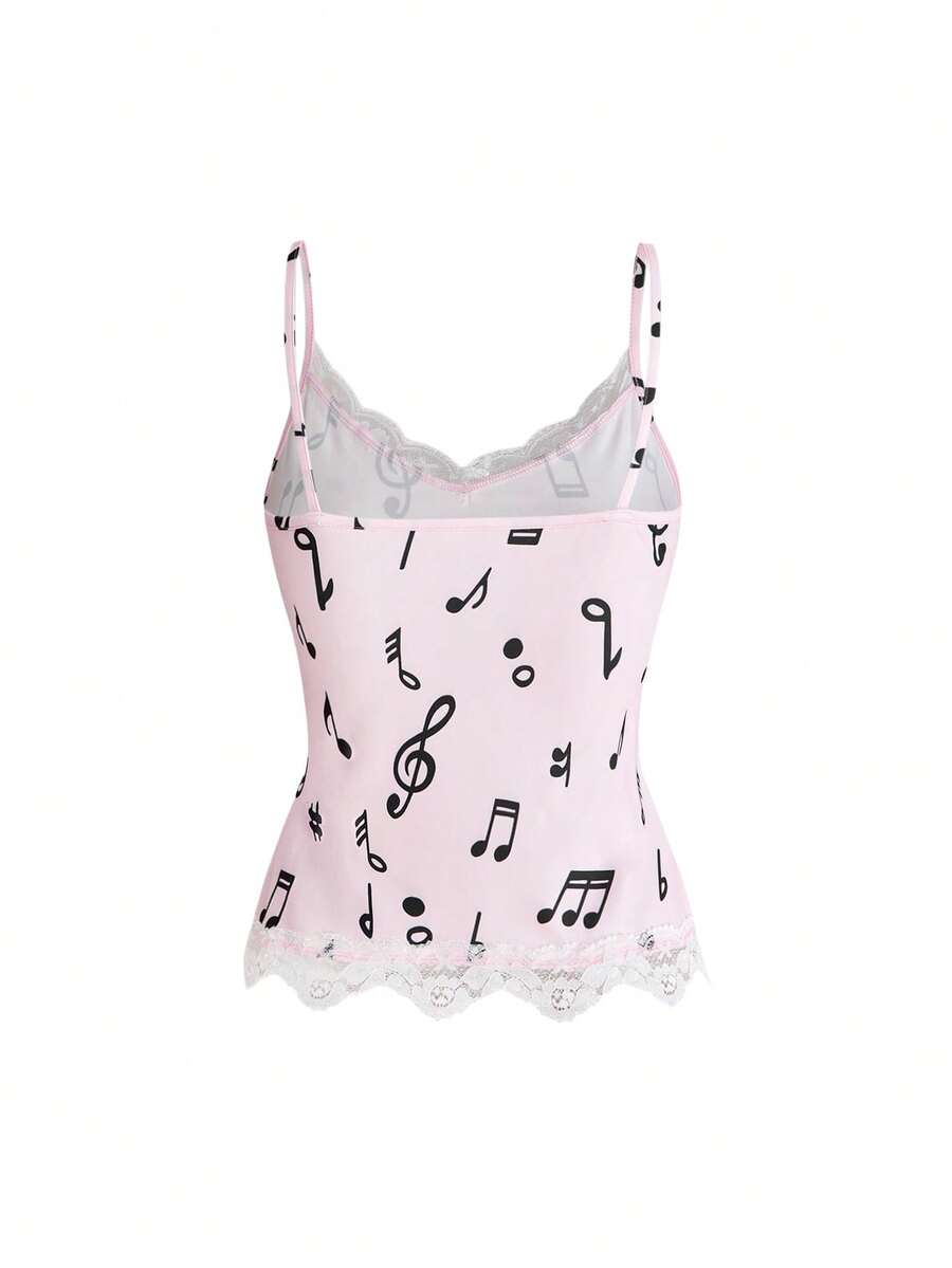Three-piece women's camisole set featuring a retro music note and piano keyboard print, delicate contrast lace trim, front bow accent, and slim fit spaghetti straps.