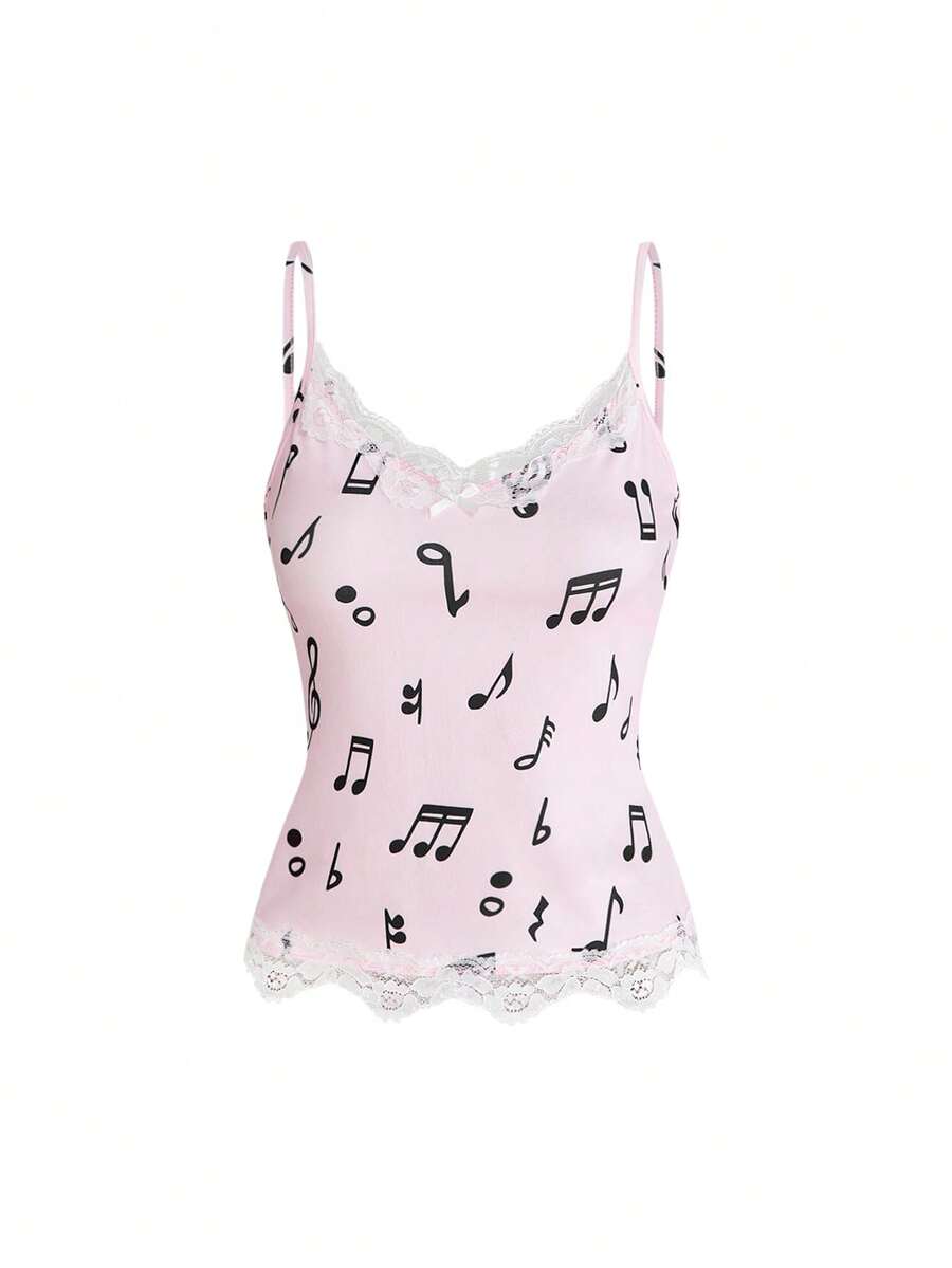 Three-piece women's camisole set featuring a retro music note and piano keyboard print, delicate contrast lace trim, front bow accent, and slim fit spaghetti straps.