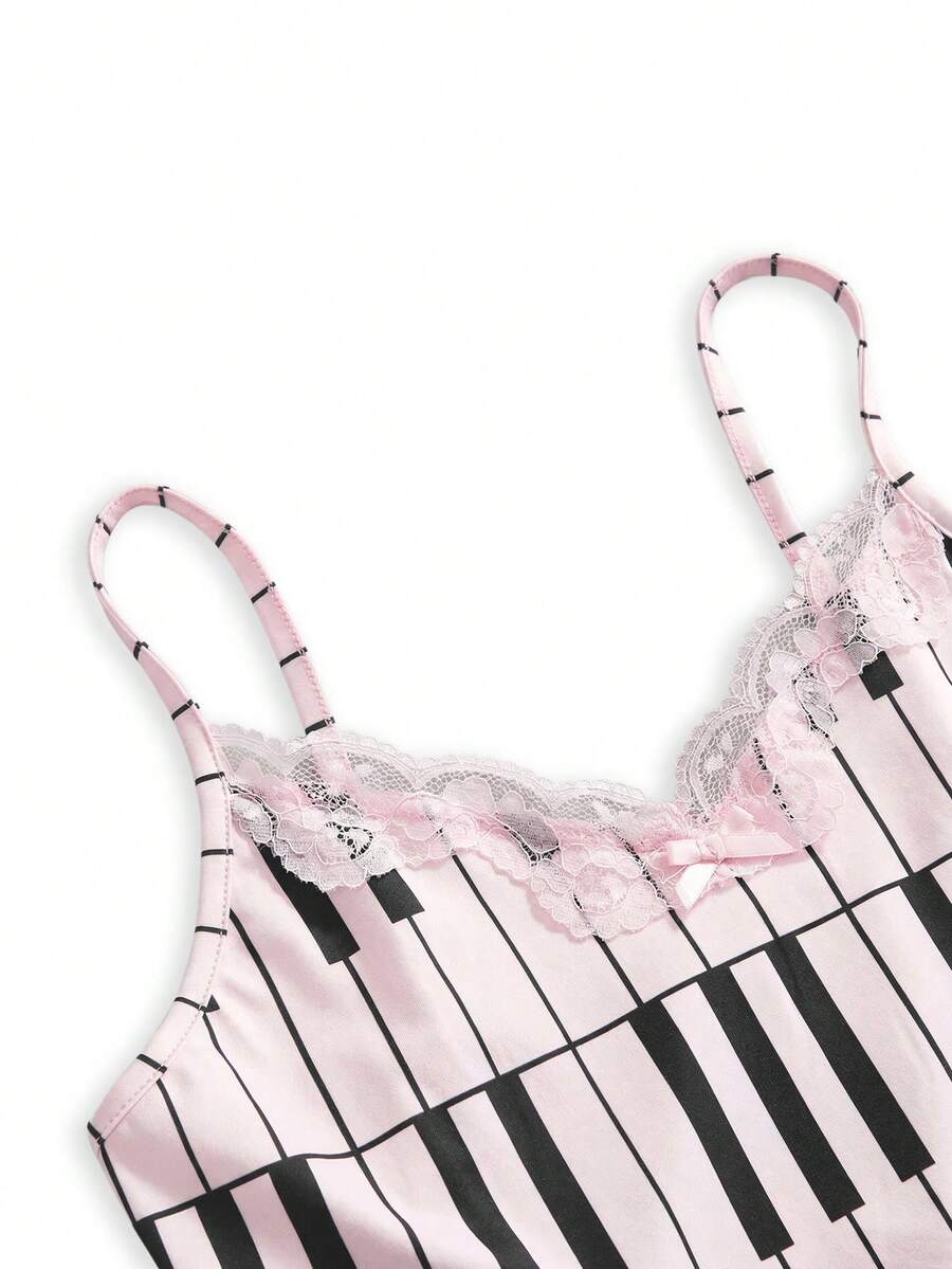 Three-piece women's camisole set featuring a retro music note and piano keyboard print, delicate contrast lace trim, front bow accent, and slim fit spaghetti straps.