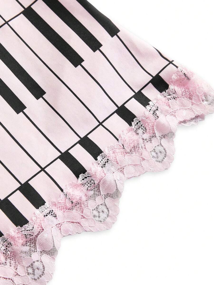 Three-piece women's camisole set featuring a retro music note and piano keyboard print, delicate contrast lace trim, front bow accent, and slim fit spaghetti straps.