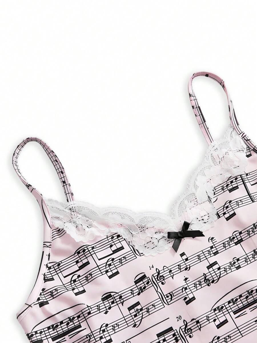 Three-piece women's camisole set featuring a retro music note and piano keyboard print, delicate contrast lace trim, front bow accent, and slim fit spaghetti straps.