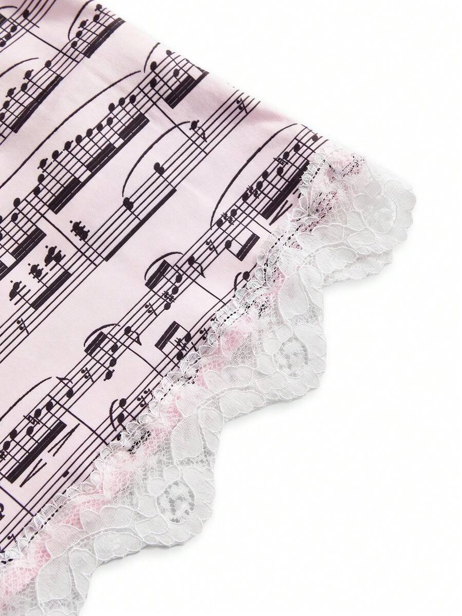 Three-piece women's camisole set featuring a retro music note and piano keyboard print, delicate contrast lace trim, front bow accent, and slim fit spaghetti straps.