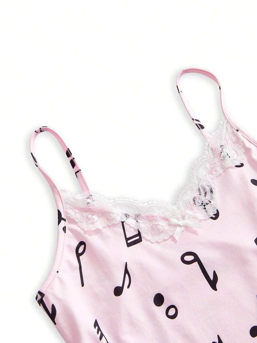 Three-piece women's camisole set featuring a retro music note and piano keyboard print, delicate contrast lace trim, front bow accent, and slim fit spaghetti straps.