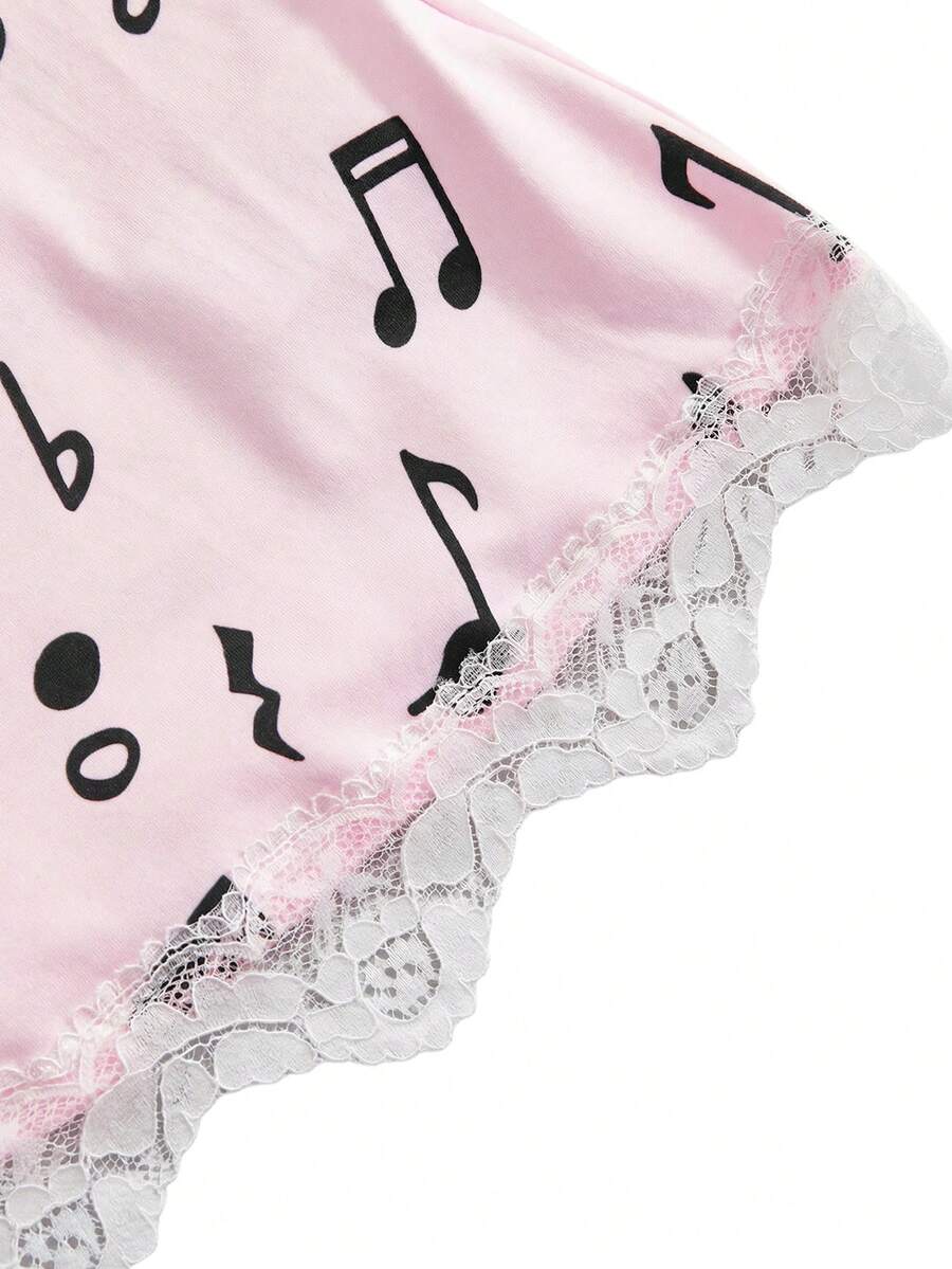 Three-piece women's camisole set featuring a retro music note and piano keyboard print, delicate contrast lace trim, front bow accent, and slim fit spaghetti straps.