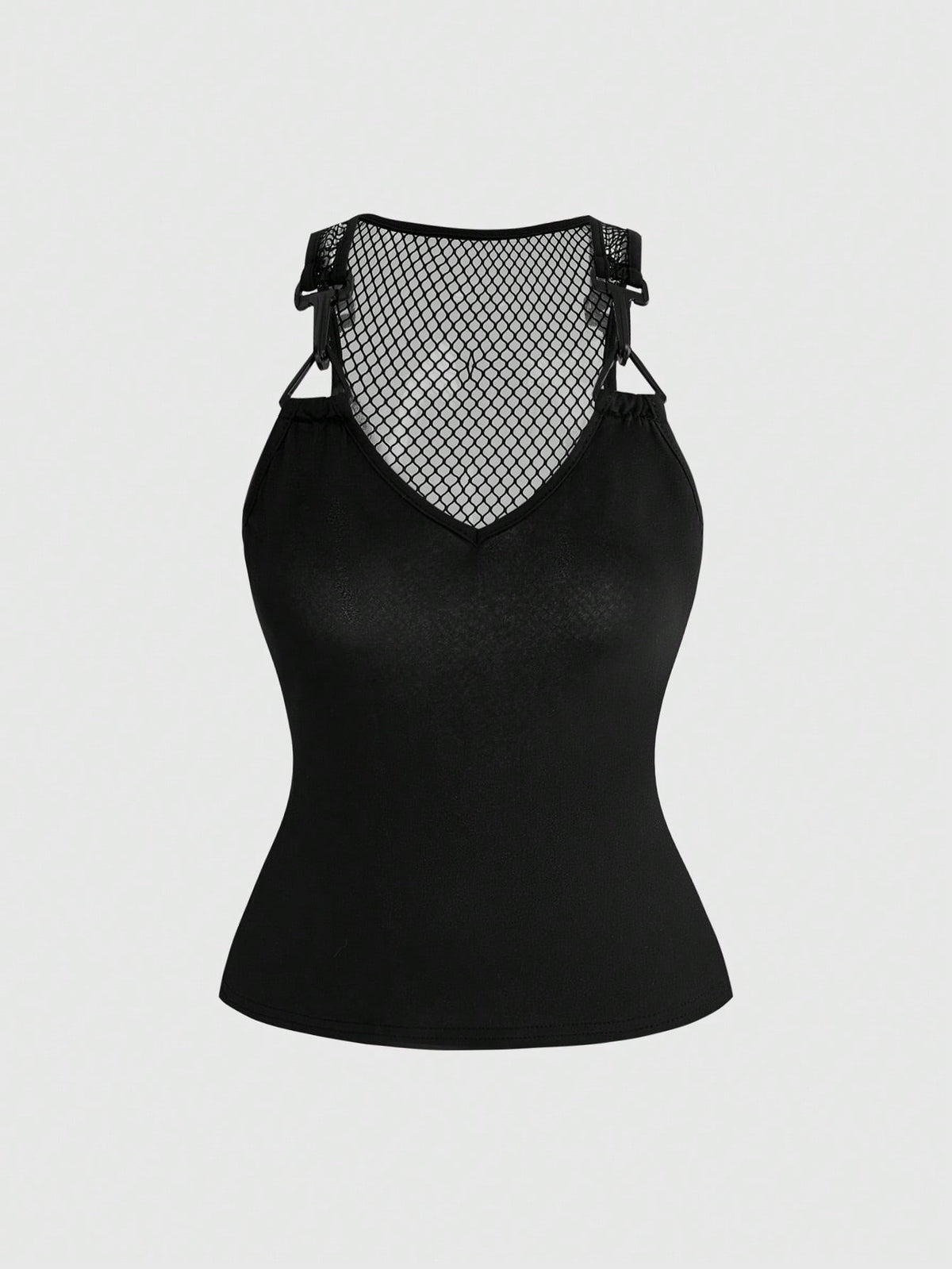 Black skeleton print mesh patchwork tank top featuring shoulder straps, slim fit knitted fabric, and contrast mesh detail.