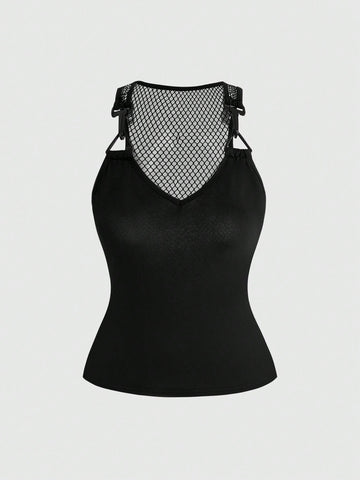 Black skeleton print mesh patchwork tank top featuring shoulder straps, slim fit knitted fabric, and contrast mesh detail.