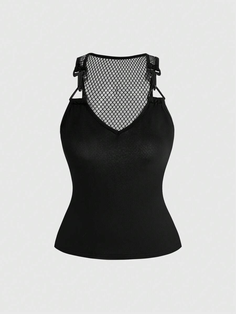 Black skeleton print mesh patchwork tank top featuring shoulder straps, slim fit knitted fabric, and contrast mesh detail.