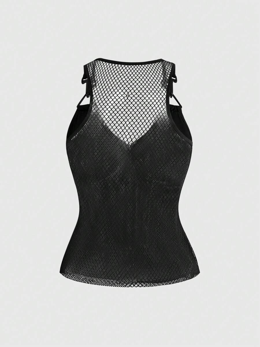 Black skeleton print mesh patchwork tank top featuring shoulder straps, slim fit knitted fabric, and contrast mesh detail.