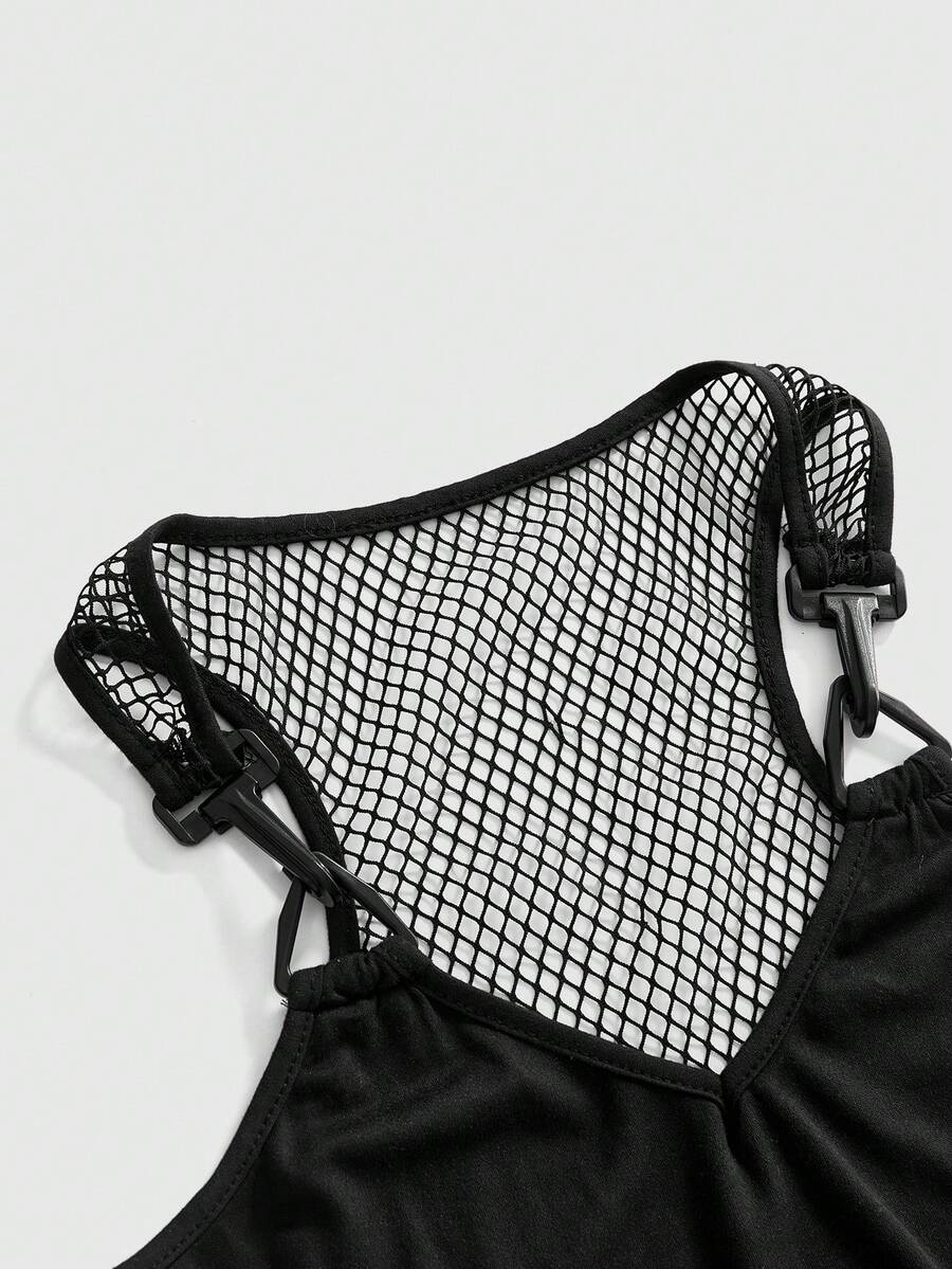 Black skeleton print mesh patchwork tank top featuring shoulder straps, slim fit knitted fabric, and contrast mesh detail.